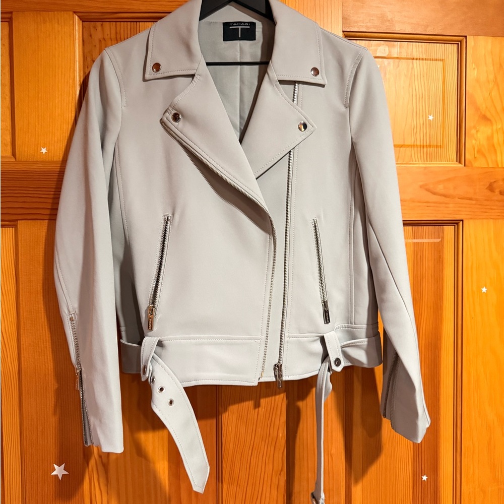NWOT Tahari T Medium Light Gray Motorcycle Jacket Silver Hardware